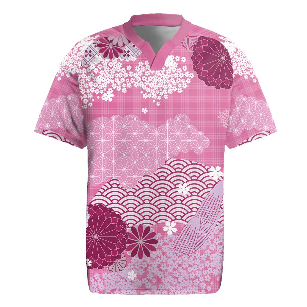 Pink Palaka Japanese Patterns Rugby Jersey Asanoha Seigaiha Sakura Motif - Polynesian Pride