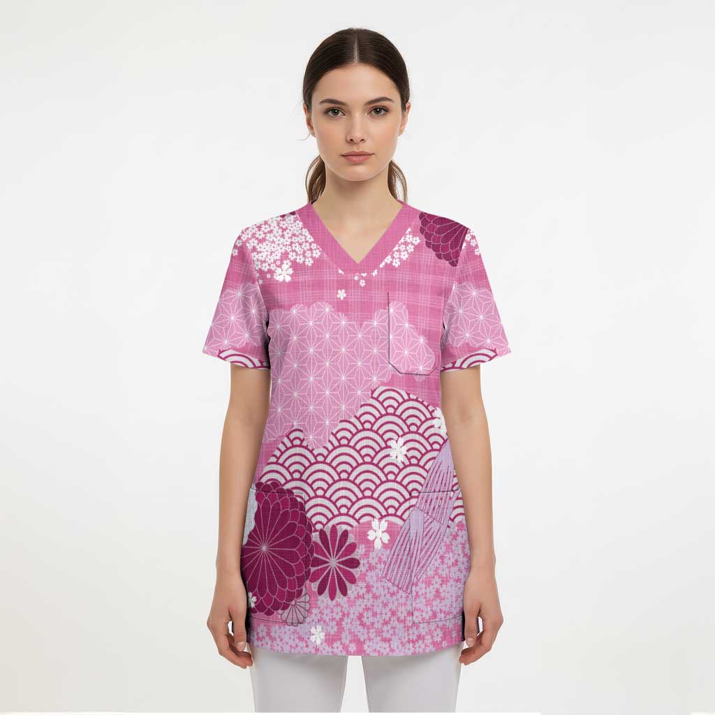 Pink Palaka Japanese Patterns Scrub Top Asanoha Seigaiha Sakura Motif - Polynesian Pride