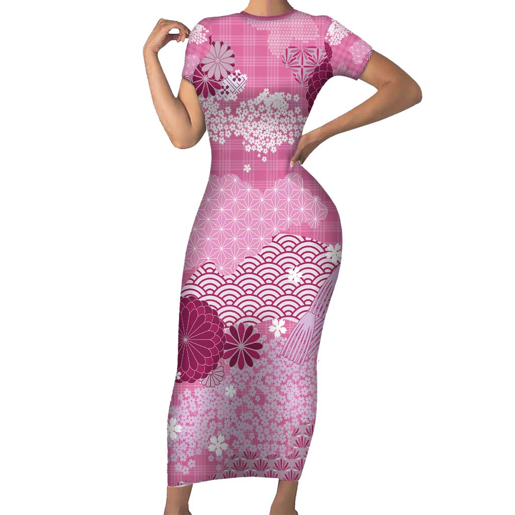 Pink Palaka Japanese Patterns Short Sleeve Bodycon Dress Asanoha Seigaiha Sakura Motif - Polynesian Pride