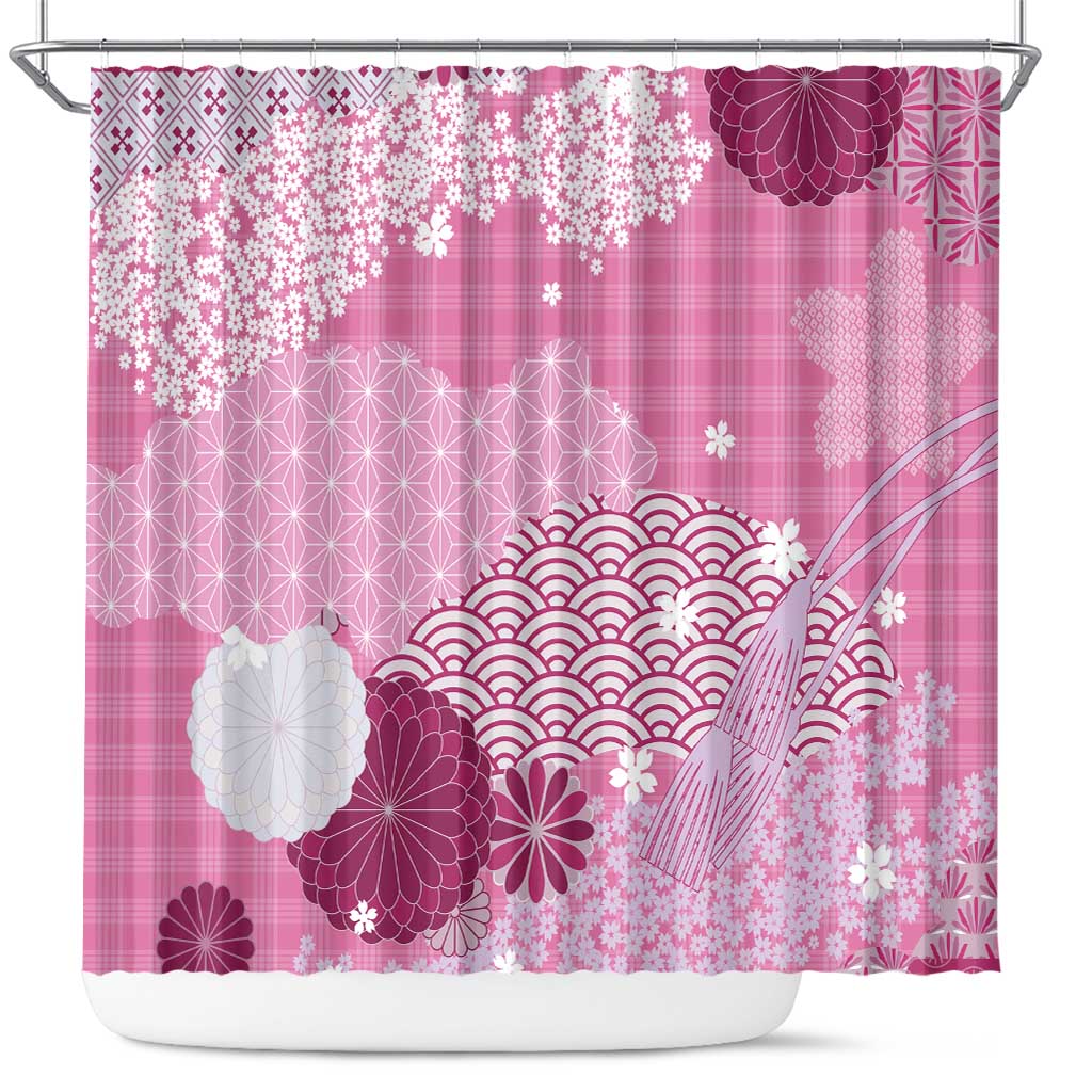 Pink Palaka Japanese Patterns Shower Curtain Asanoha Seigaiha Sakura Motif - Polynesian Pride