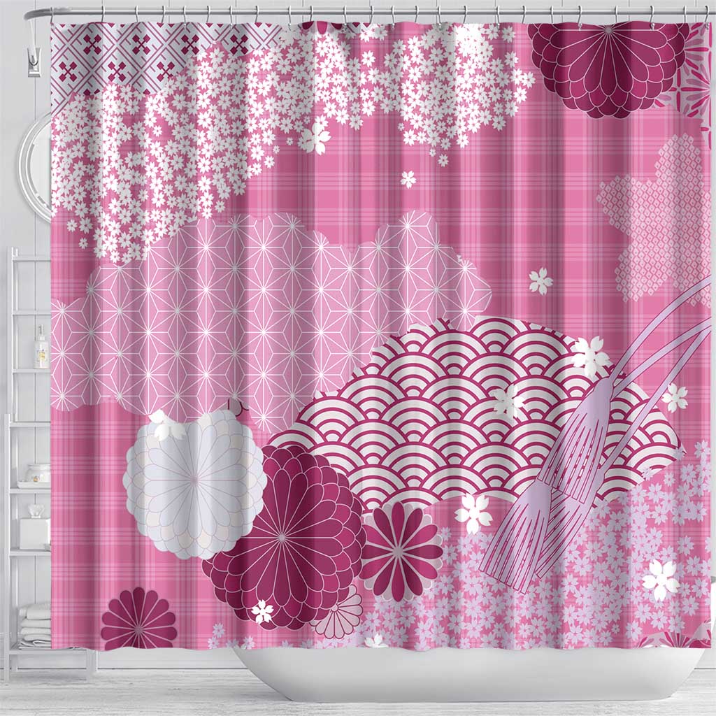 Pink Palaka Japanese Patterns Shower Curtain Asanoha Seigaiha Sakura Motif - Polynesian Pride