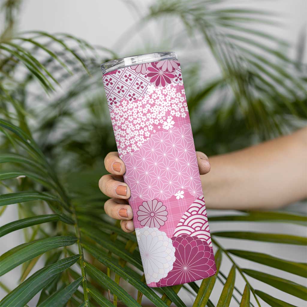 Pink Palaka Japanese Patterns Skinny Tumbler Asanoha Seigaiha Sakura Motif - Polynesian Pride