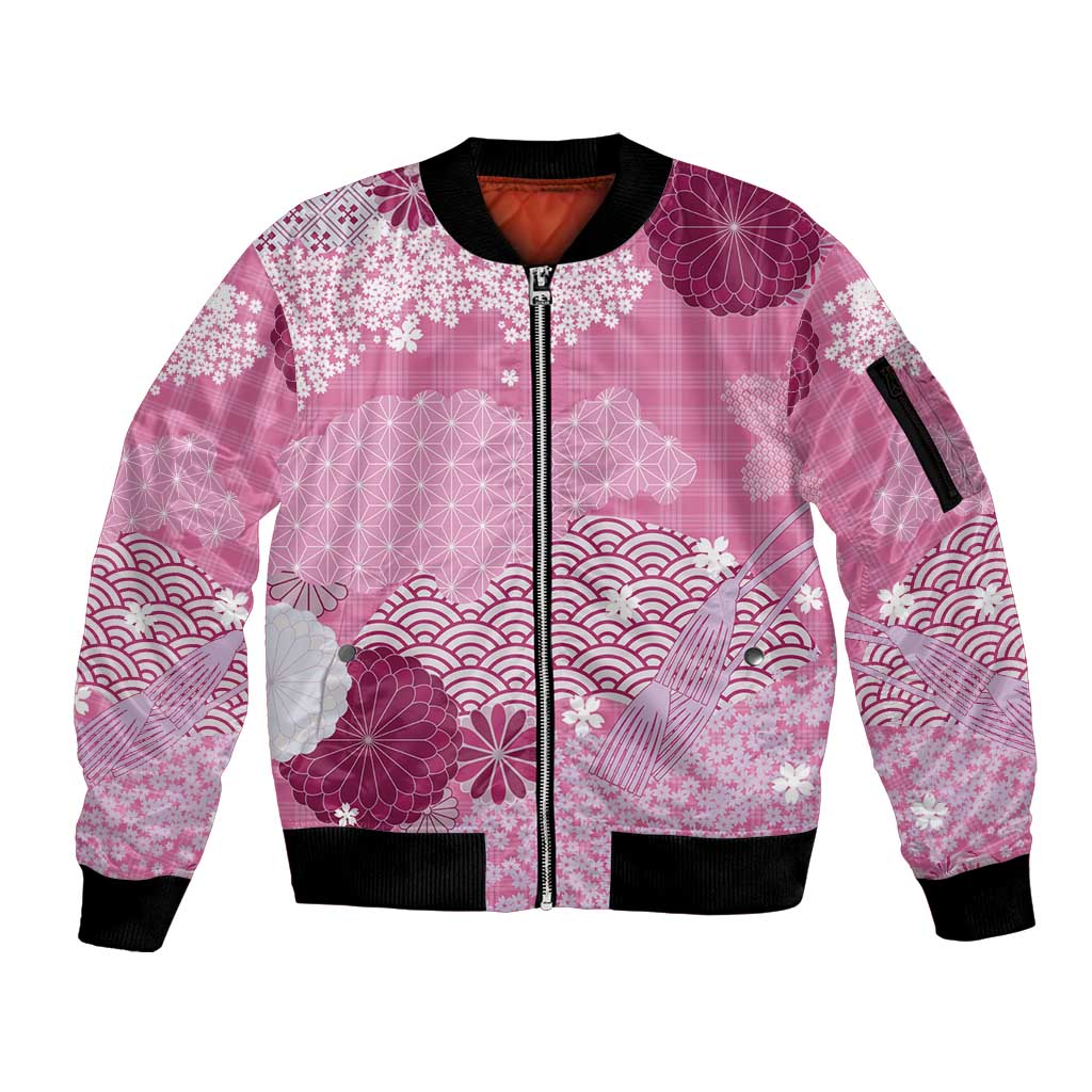 Pink Palaka Japanese Patterns Sleeve Zip Bomber Jacket Asanoha Seigaiha Sakura Motif - Polynesian Pride