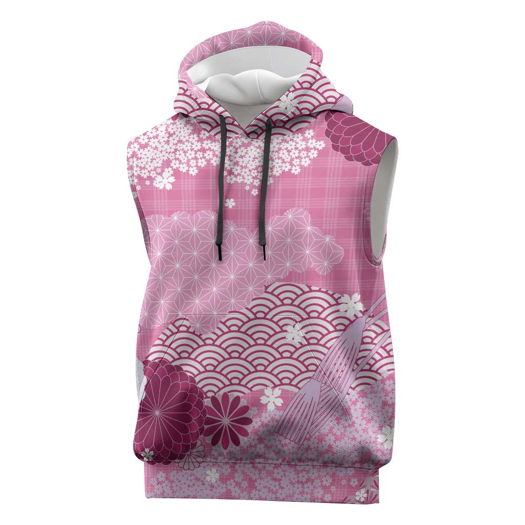 Pink Palaka Japanese Patterns Sleeveless Hoodie Asanoha Seigaiha Sakura Motif - Polynesian Pride