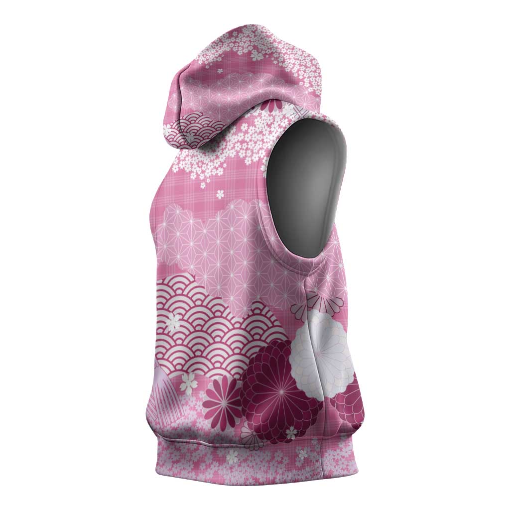 Pink Palaka Japanese Patterns Sleeveless Hoodie Asanoha Seigaiha Sakura Motif - Polynesian Pride