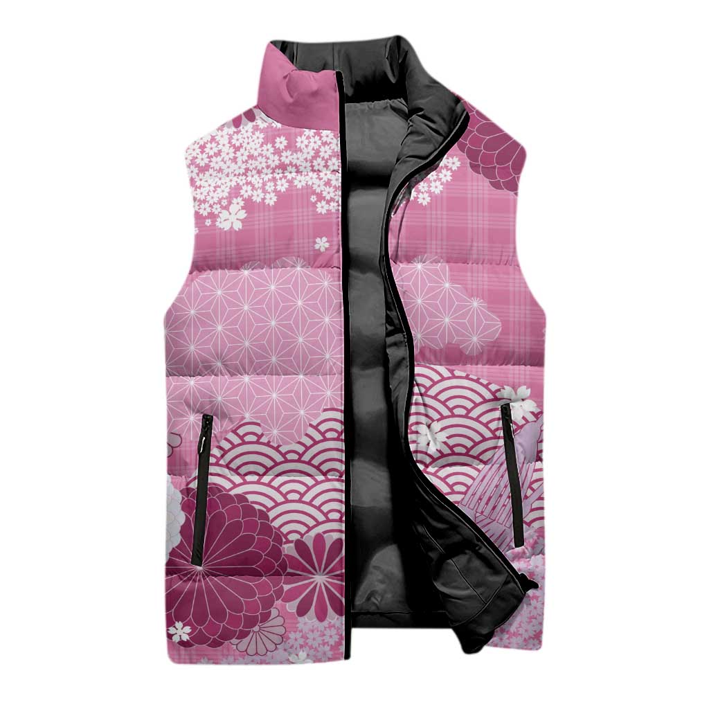 Pink Palaka Japanese Patterns Sleeveless Puffer Jacket Asanoha Seigaiha Sakura Motif - Polynesian Pride