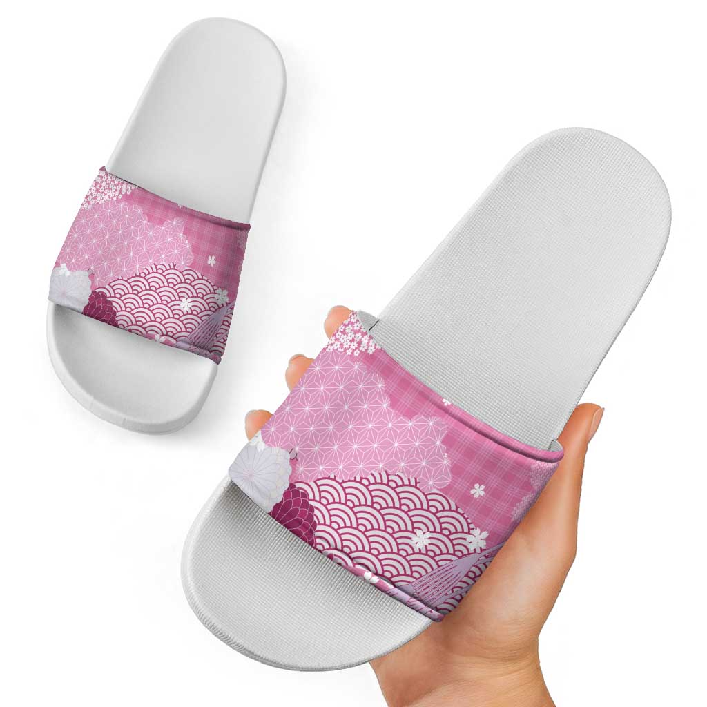 Pink Palaka Japanese Patterns Slide Sandals Asanoha Seigaiha Sakura Motif - Polynesian Pride