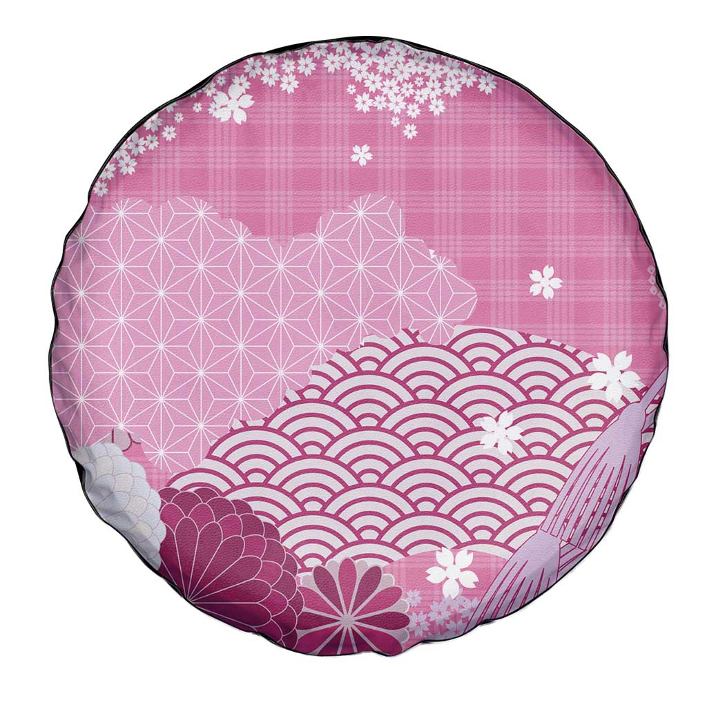 Pink Palaka Japanese Patterns Spare Tire Cover Asanoha Seigaiha Sakura Motif - Polynesian Pride
