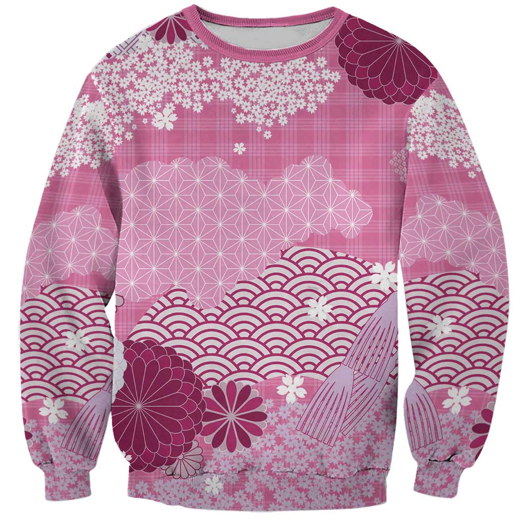 Pink Palaka Japanese Patterns Sweatshirt Asanoha Seigaiha Sakura Motif - Polynesian Pride