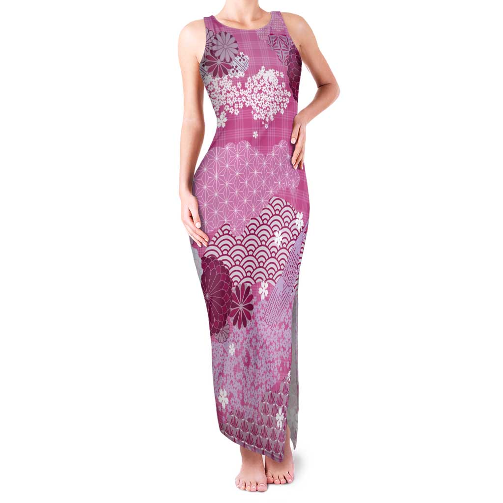 Pink Palaka Japanese Patterns Tank Maxi Dress Asanoha Seigaiha Sakura Motif - Polynesian Pride