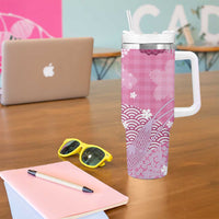 Pink Palaka Japanese Patterns Tumbler With Handle Asanoha Seigaiha Sakura Motif - Polynesian Pride
