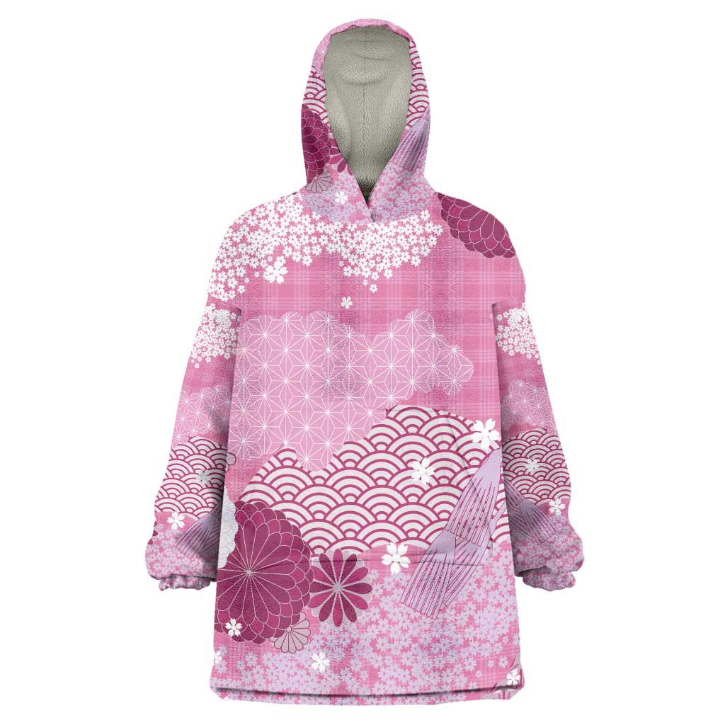 Pink Palaka Japanese Patterns Wearable Blanket Hoodie Asanoha Seigaiha Sakura Motif - Polynesian Pride