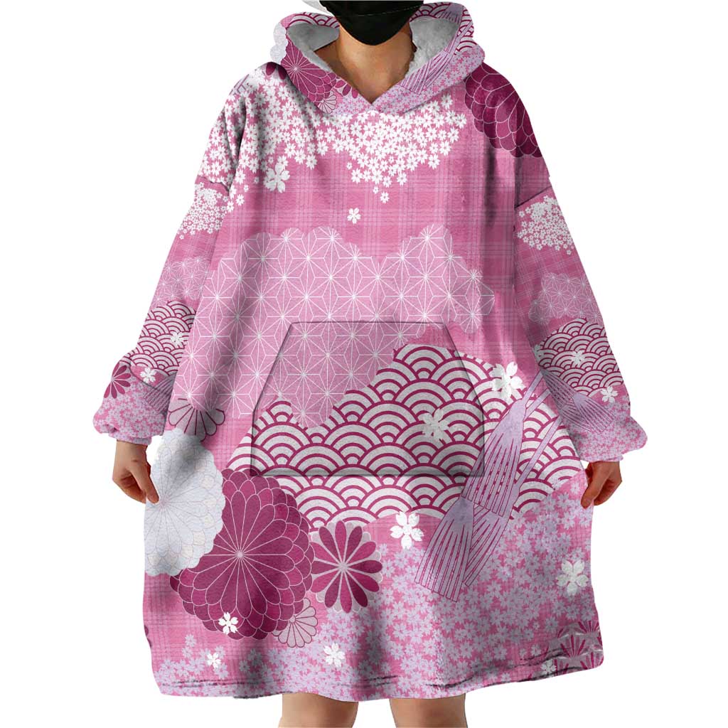 Pink Palaka Japanese Patterns Wearable Blanket Hoodie Asanoha Seigaiha Sakura Motif - Polynesian Pride