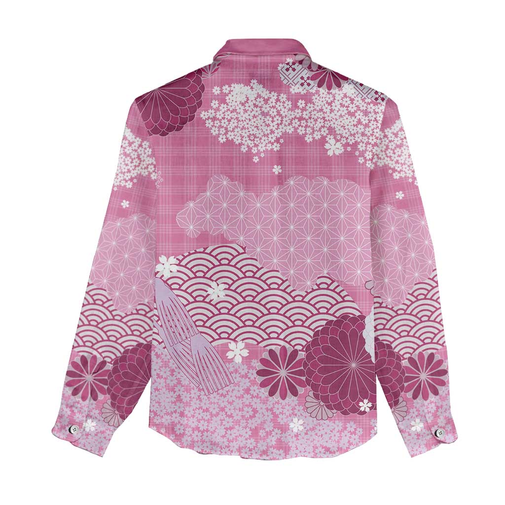 Pink Palaka Japanese Patterns Women Casual Shirt Asanoha Seigaiha Sakura Motif - Polynesian Pride