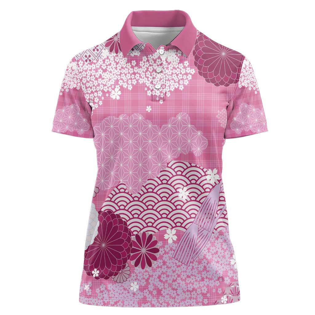 Pink Palaka Japanese Patterns Women Polo Shirt Asanoha Seigaiha Sakura Motif - Polynesian Pride