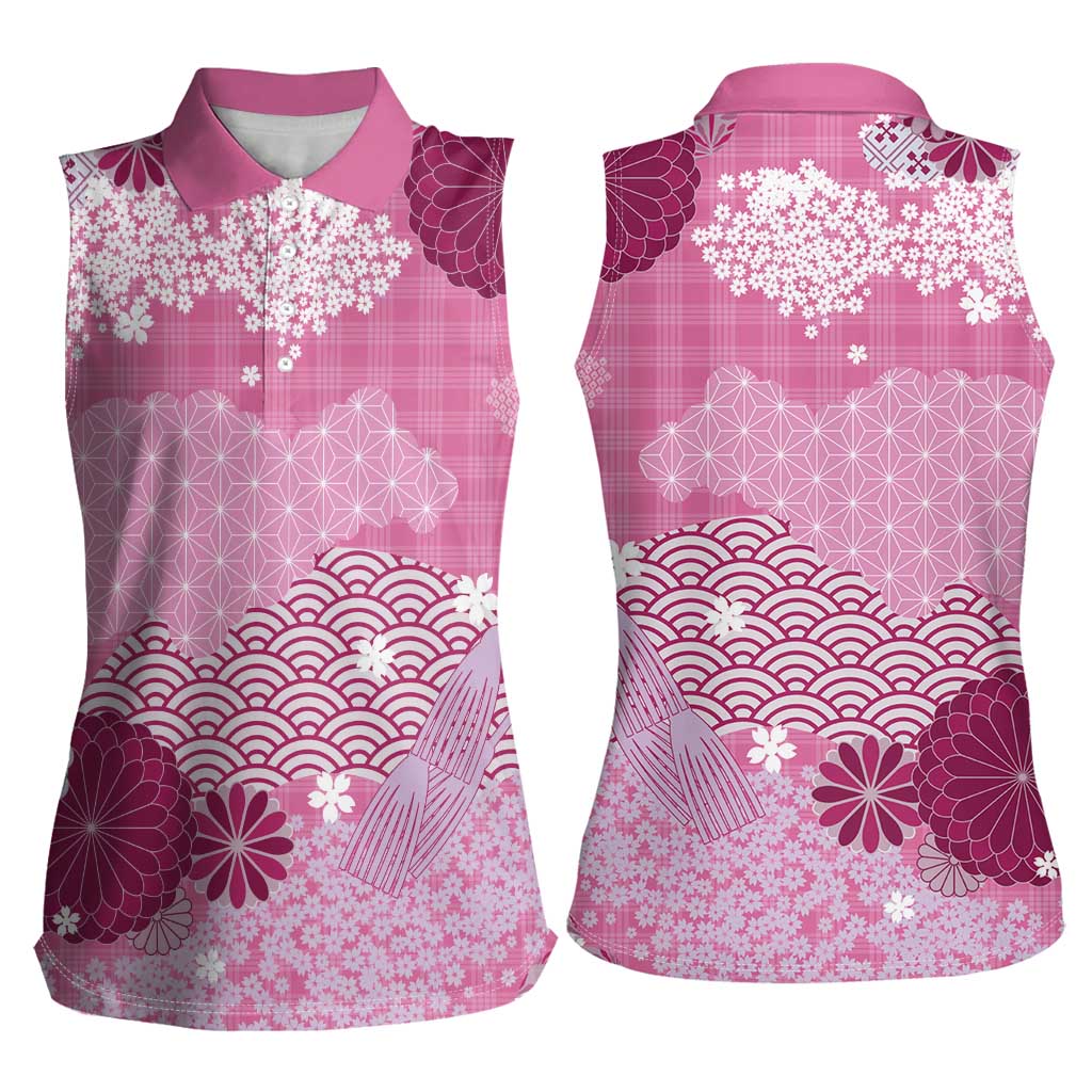 Pink Palaka Japanese Patterns Women Sleeveless Polo Shirt Asanoha Seigaiha Sakura Motif - Polynesian Pride