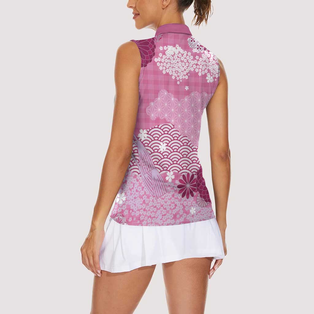 Pink Palaka Japanese Patterns Women Sleeveless Polo Shirt Asanoha Seigaiha Sakura Motif - Polynesian Pride