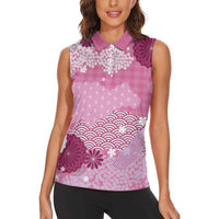 Pink Palaka Japanese Patterns Women Sleeveless Polo Shirt Asanoha Seigaiha Sakura Motif - Polynesian Pride