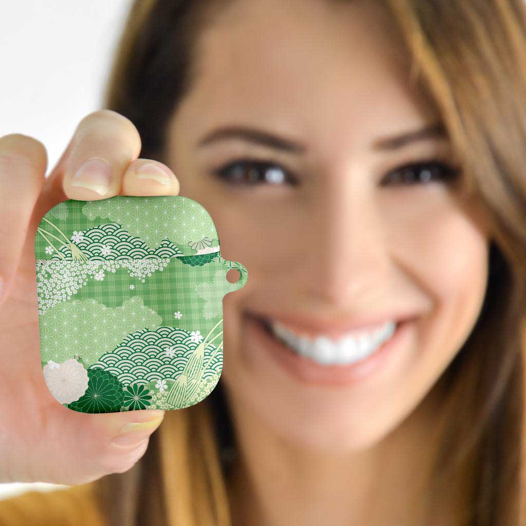 Green Palaka Japanese Patterns AirPods Case Asanoha Seigaiha Sakura Motif - Polynesian Pride