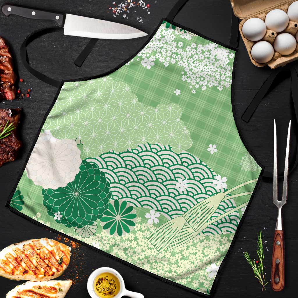 Green Palaka Japanese Patterns Apron Asanoha Seigaiha Sakura Motif - Polynesian Pride
