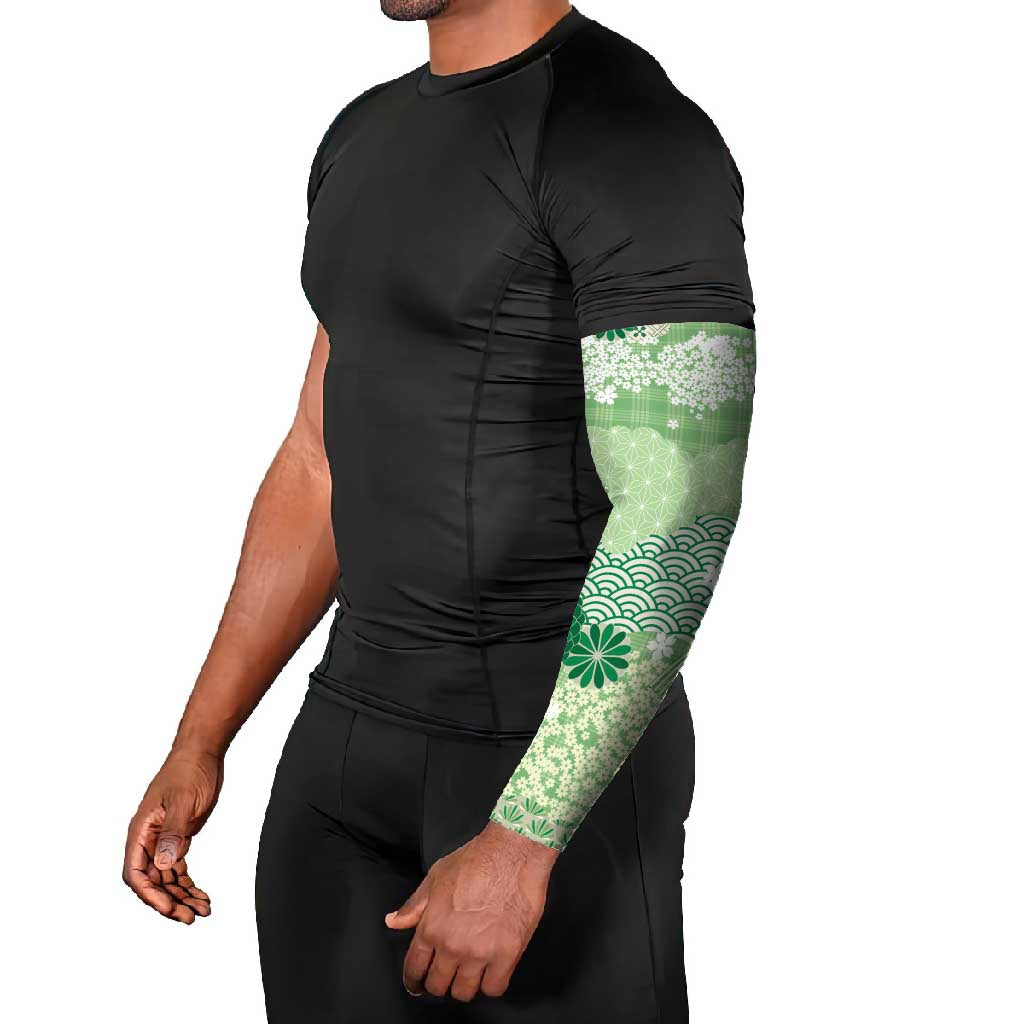 Green Palaka Japanese Patterns Arm Sleeves Asanoha Seigaiha Sakura Motif - Polynesian Pride