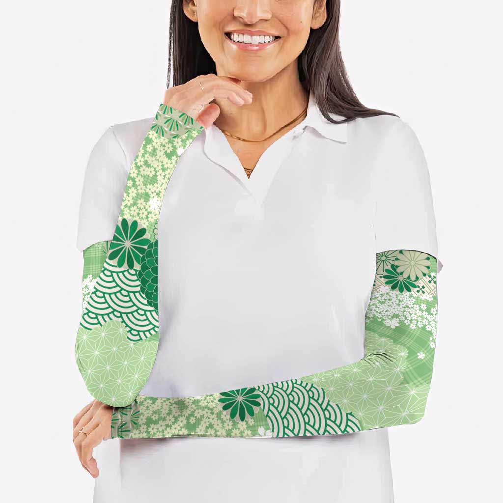 Green Palaka Japanese Patterns Arm Sleeves Asanoha Seigaiha Sakura Motif - Polynesian Pride