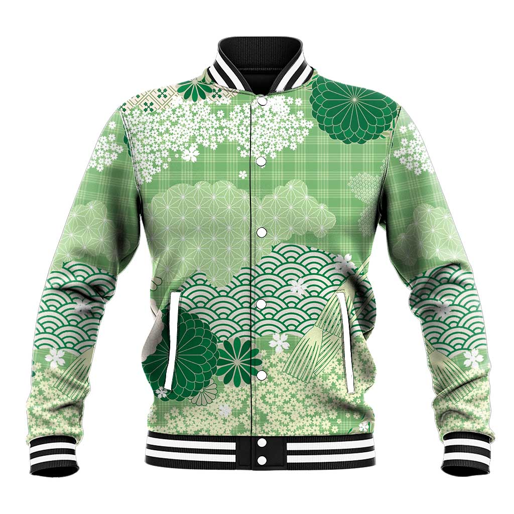 Green Palaka Japanese Patterns Baseball Jacket Asanoha Seigaiha Sakura Motif - Polynesian Pride
