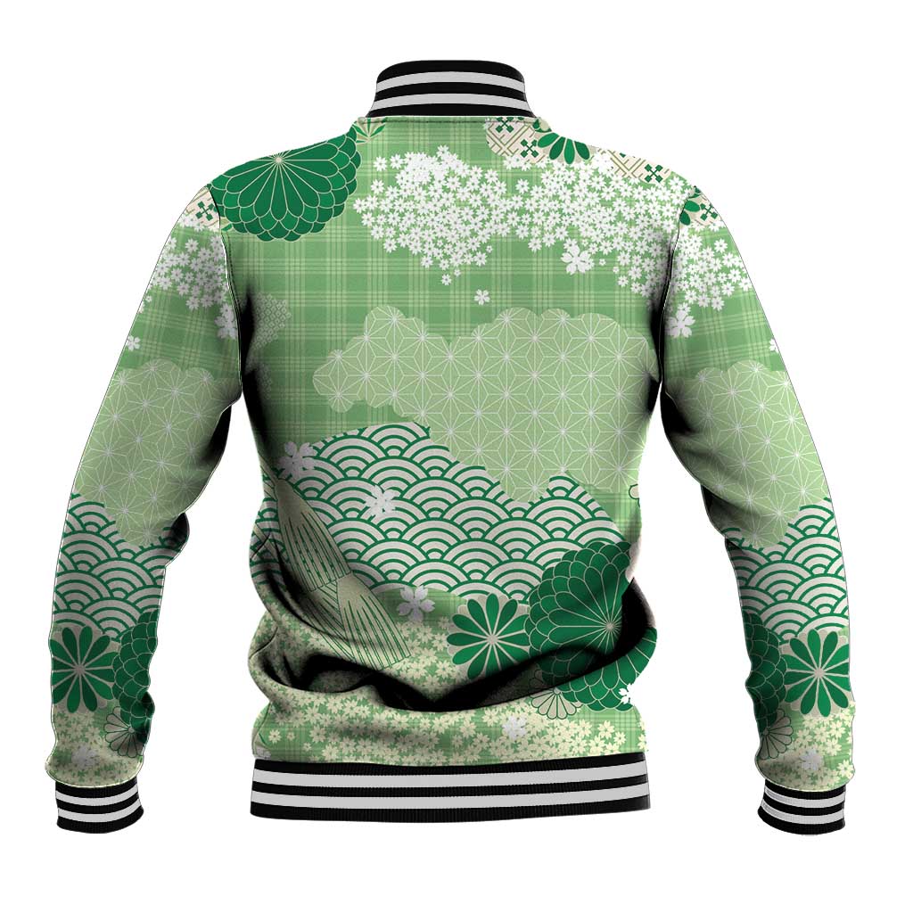 Green Palaka Japanese Patterns Baseball Jacket Asanoha Seigaiha Sakura Motif - Polynesian Pride