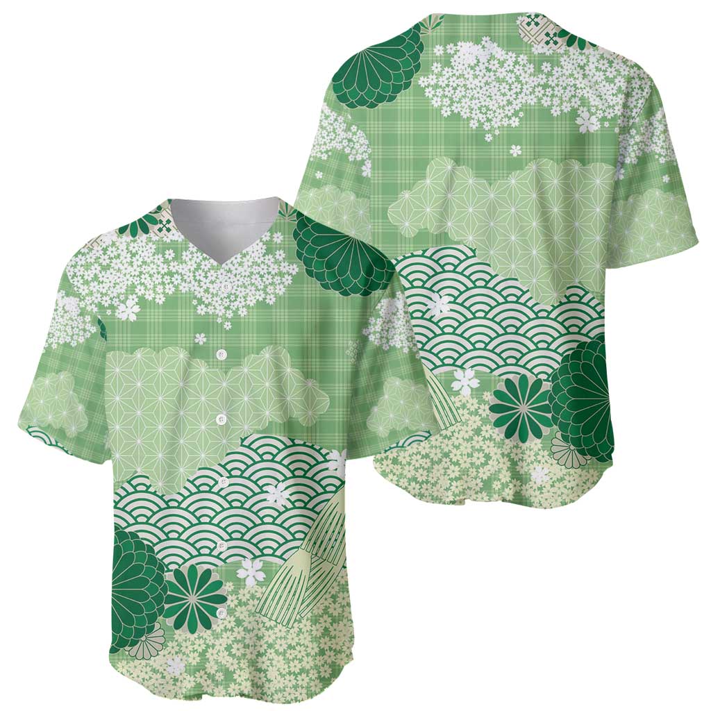 Green Palaka Japanese Patterns Baseball Jersey Asanoha Seigaiha Sakura Motif - Polynesian Pride