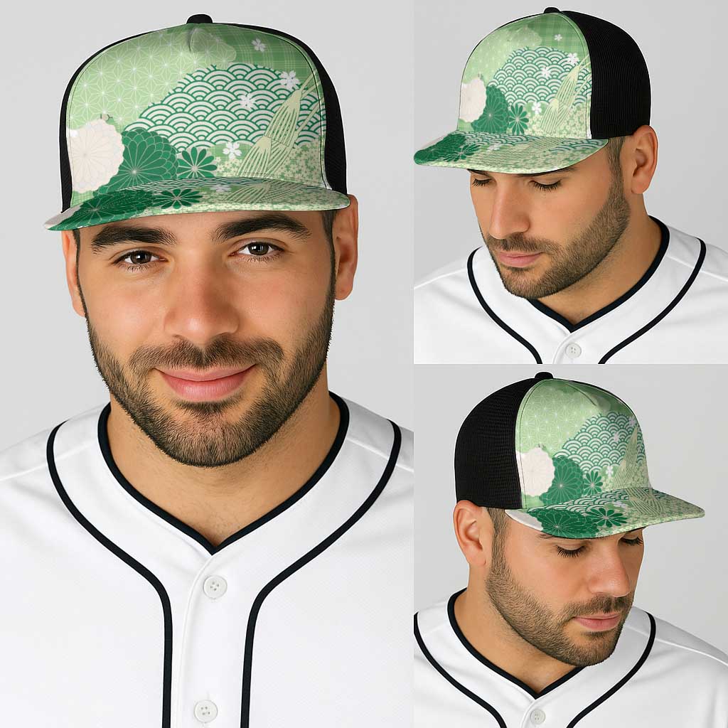 Green Japanese Traditional Motifs Baseball Net Cap Palaka With Asanoha Seigaiha Sakura - Polynesian Pride