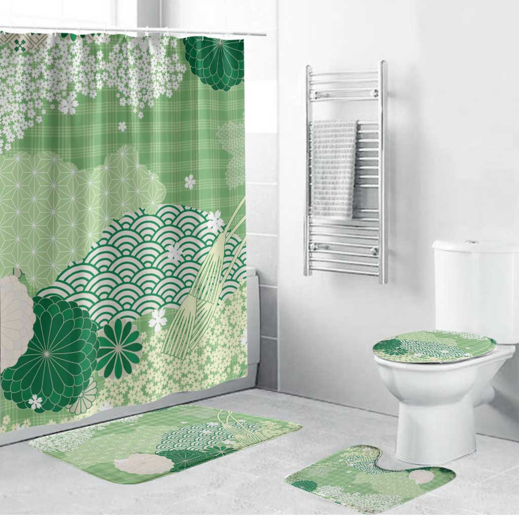 Green Palaka Japanese Patterns Bathroom Set Asanoha Seigaiha Sakura Motif - Polynesian Pride