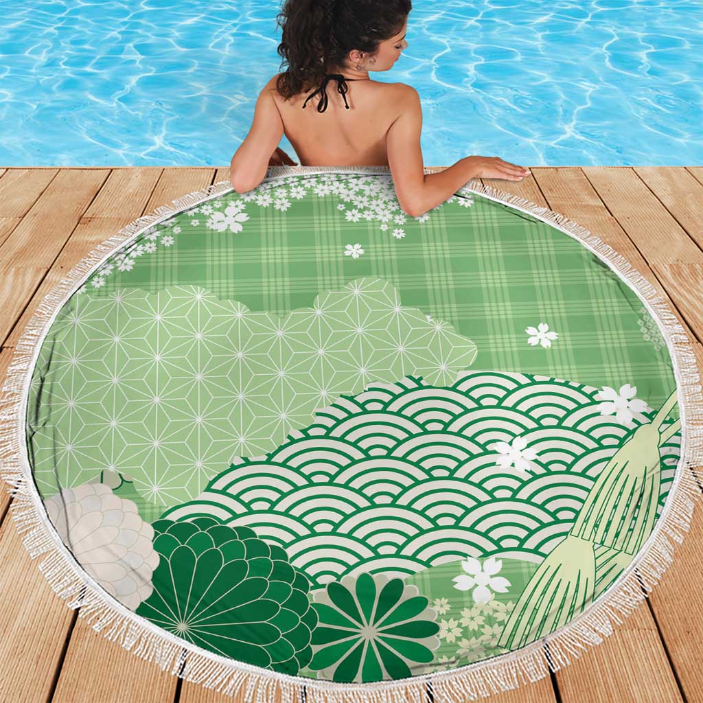 Green Palaka Japanese Patterns Beach Blanket Asanoha Seigaiha Sakura Motif - Polynesian Pride
