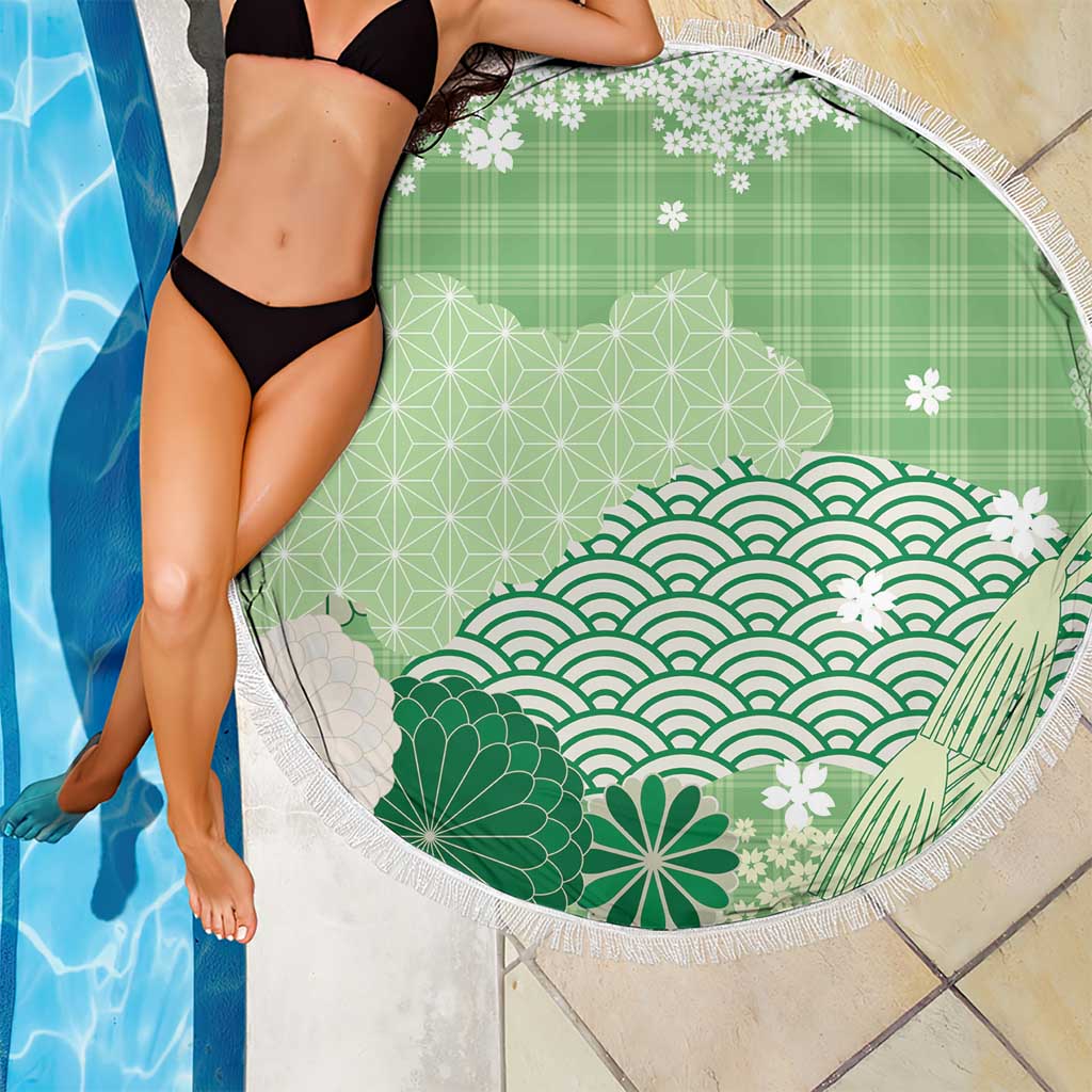 Green Palaka Japanese Patterns Beach Blanket Asanoha Seigaiha Sakura Motif - Polynesian Pride