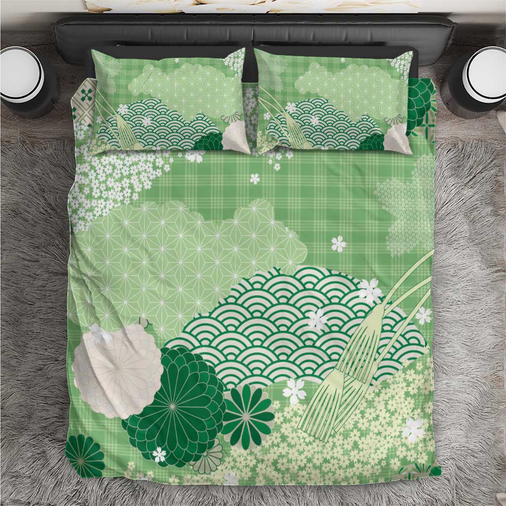 Green Palaka Japanese Patterns Bedding Set Asanoha Seigaiha Sakura Motif - Polynesian Pride