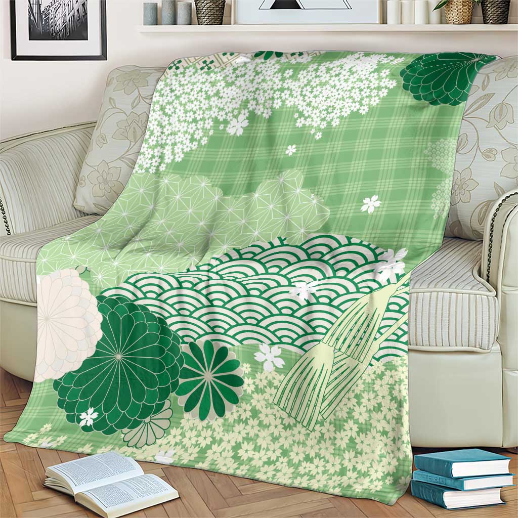 Green Palaka Japanese Patterns Blanket Asanoha Seigaiha Sakura Motif - Polynesian Pride
