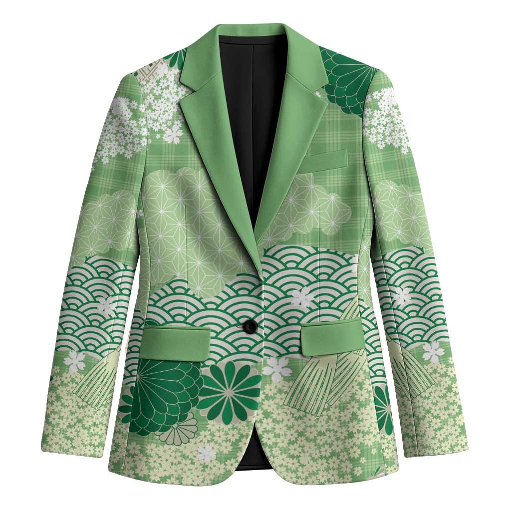 Green Palaka Japanese Patterns Blazer Asanoha Seigaiha Sakura Motif - Polynesian Pride