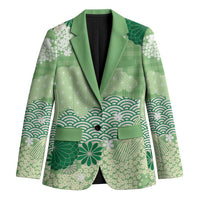 Green Palaka Japanese Patterns Blazer Asanoha Seigaiha Sakura Motif - Polynesian Pride