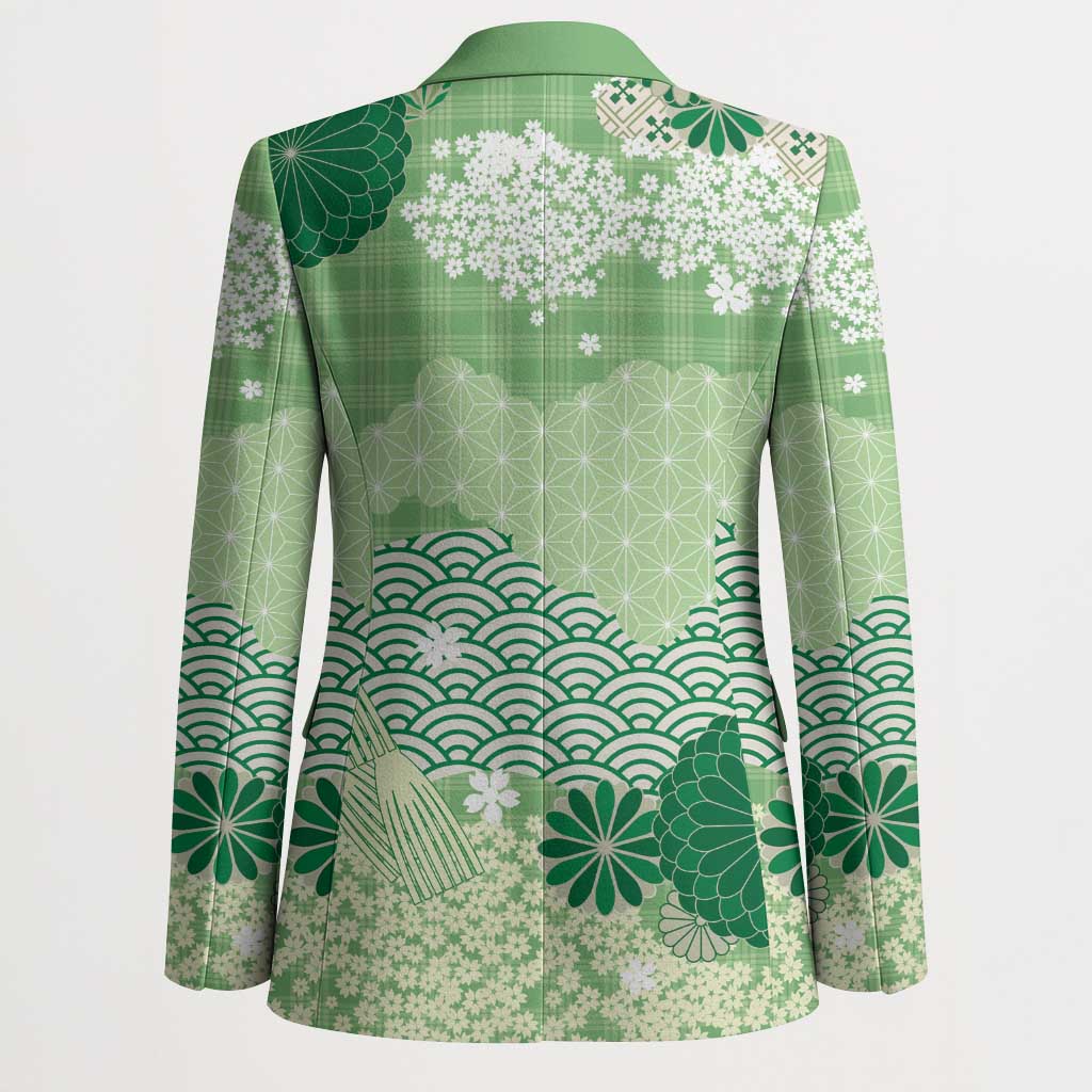 Green Palaka Japanese Patterns Blazer Asanoha Seigaiha Sakura Motif - Polynesian Pride