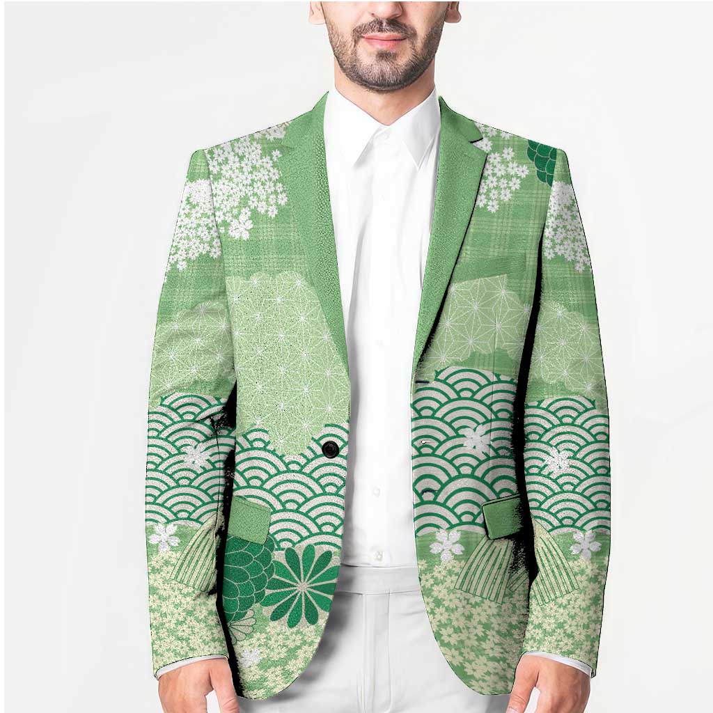 Green Palaka Japanese Patterns Blazer Asanoha Seigaiha Sakura Motif - Polynesian Pride