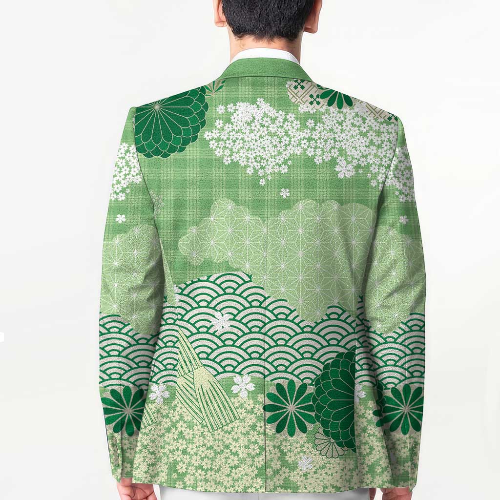 Green Palaka Japanese Patterns Blazer Asanoha Seigaiha Sakura Motif - Polynesian Pride