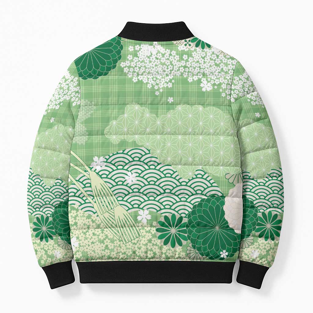 Green Palaka Japanese Patterns Bomber Puffer Jacket Asanoha Seigaiha Sakura Motif - Polynesian Pride