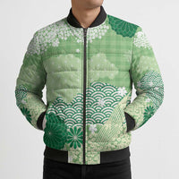 Green Palaka Japanese Patterns Bomber Puffer Jacket Asanoha Seigaiha Sakura Motif - Polynesian Pride