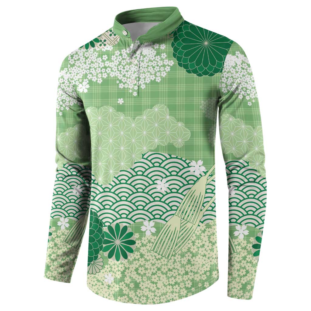 Green Palaka Japanese Patterns Button Sweatshirt Asanoha Seigaiha Sakura Motif - Polynesian Pride