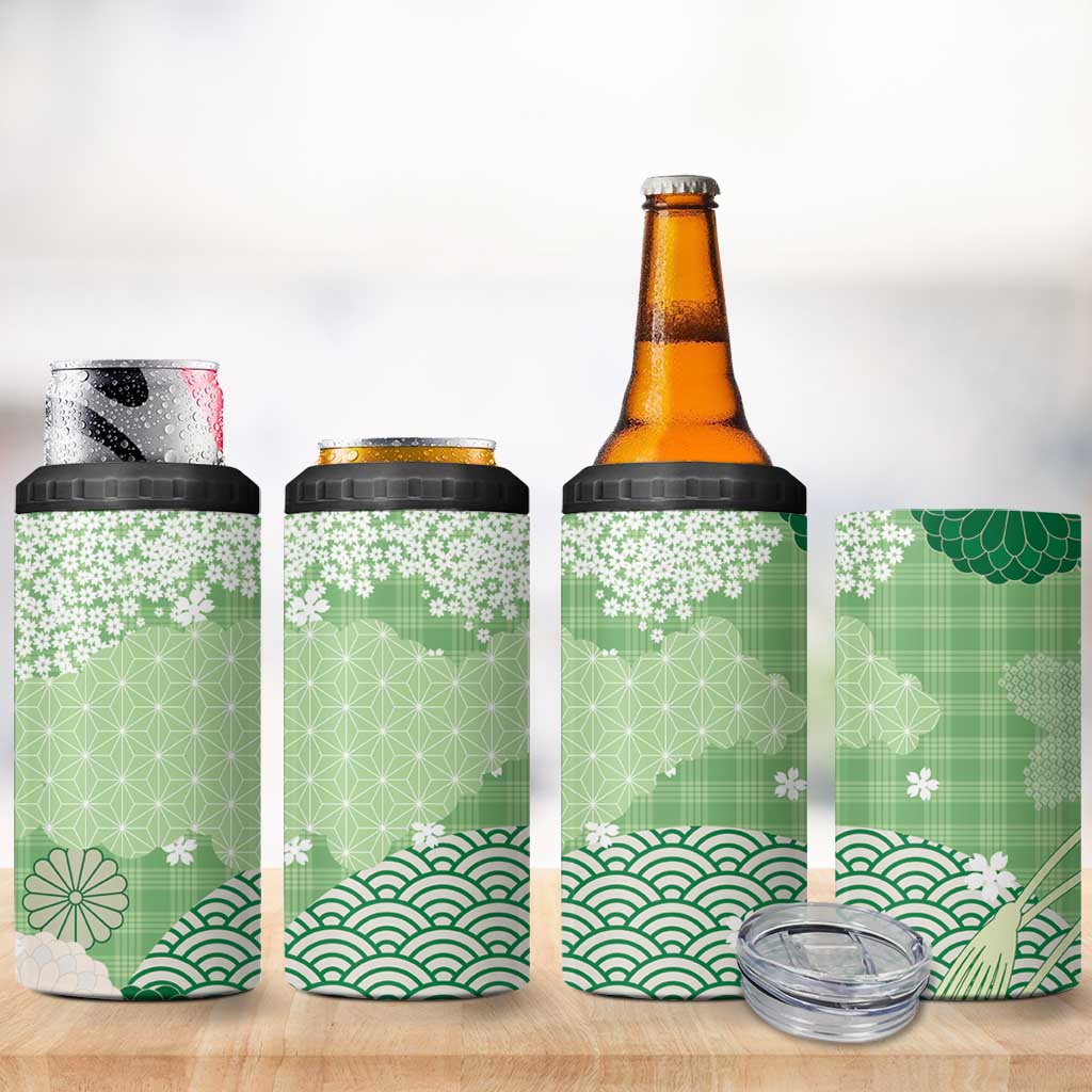 Green Palaka Japanese Patterns 4 in 1 Can Cooler Tumbler Asanoha Seigaiha Sakura Motif - Polynesian Pride