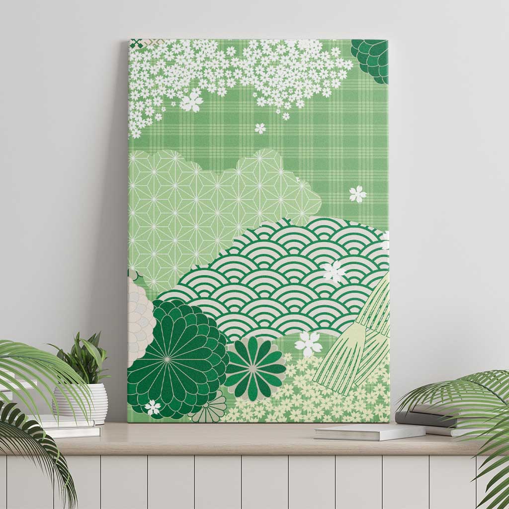 Green Palaka Japanese Patterns Canvas Wall Art Asanoha Seigaiha Sakura Motif - Polynesian Pride