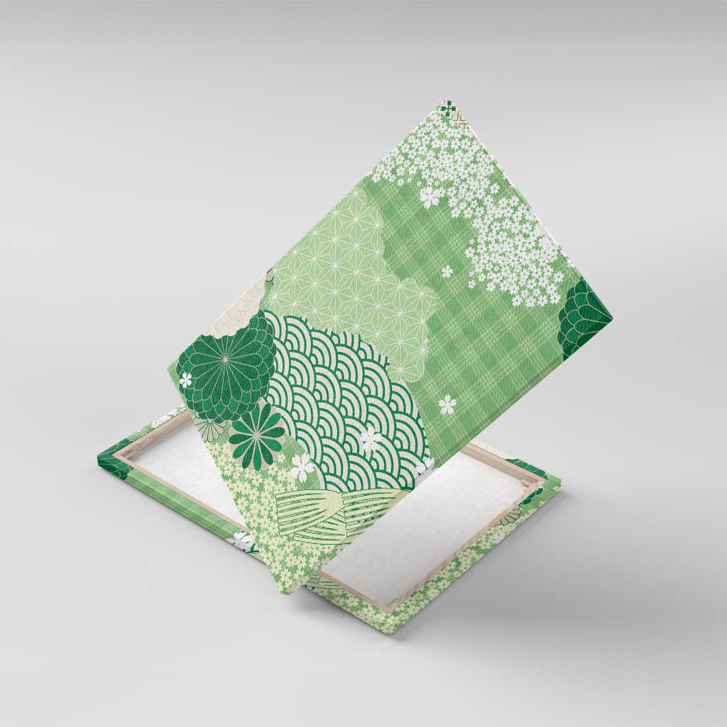 Green Palaka Japanese Patterns Canvas Wall Art Asanoha Seigaiha Sakura Motif - Polynesian Pride