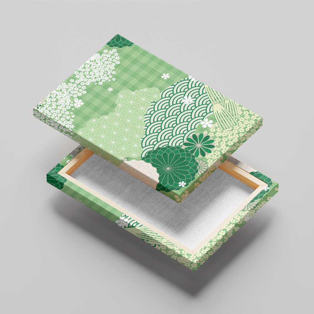 Green Palaka Japanese Patterns Canvas Wall Art Asanoha Seigaiha Sakura Motif - Polynesian Pride