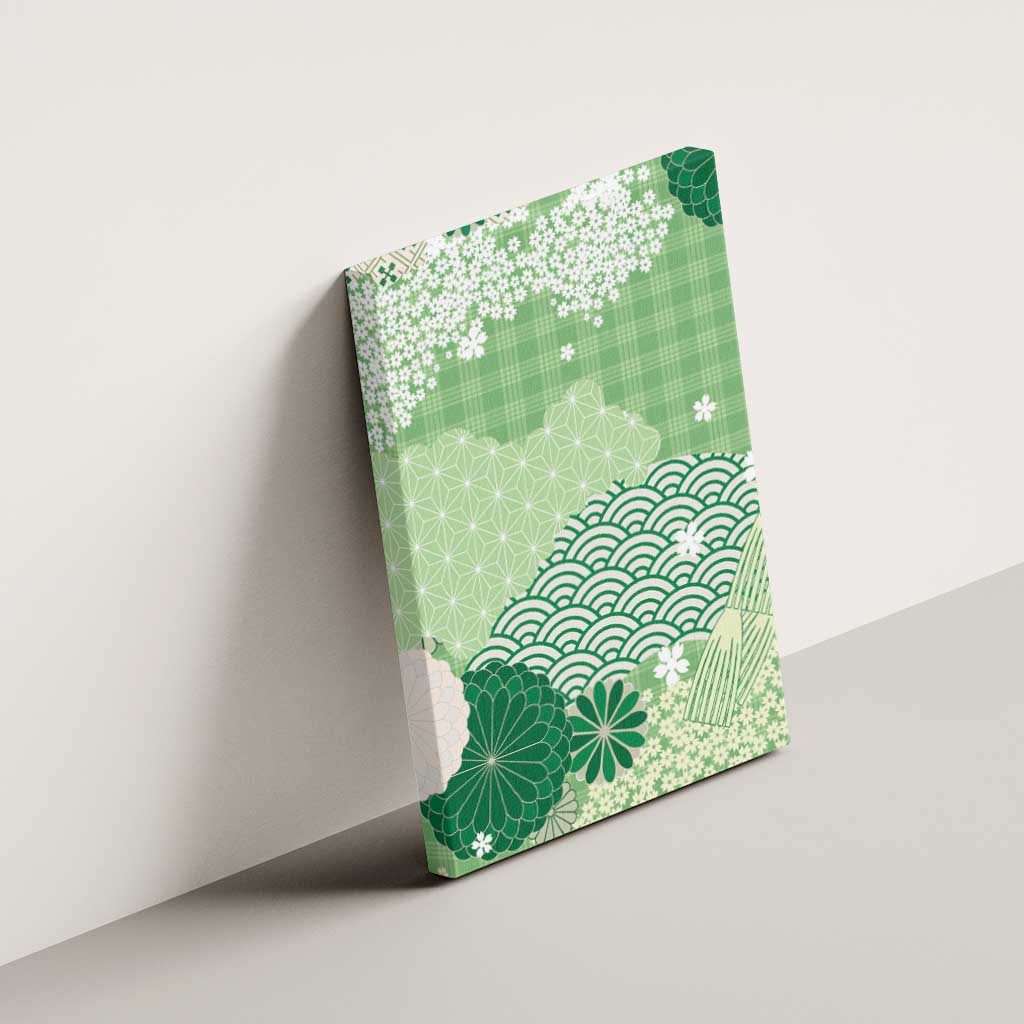 Green Palaka Japanese Patterns Canvas Wall Art Asanoha Seigaiha Sakura Motif - Polynesian Pride