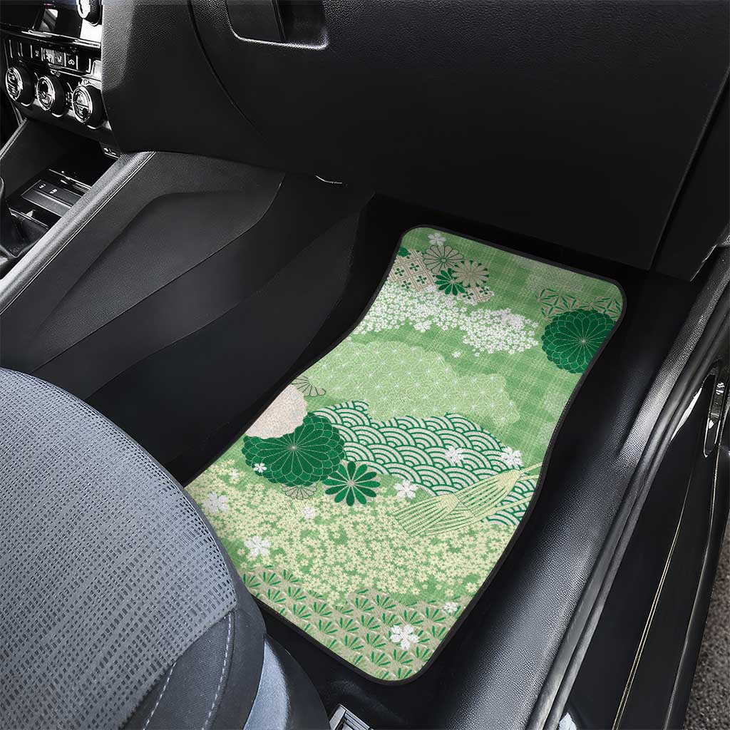 Green Palaka Japanese Patterns Car Mats Asanoha Seigaiha Sakura Motif - Polynesian Pride