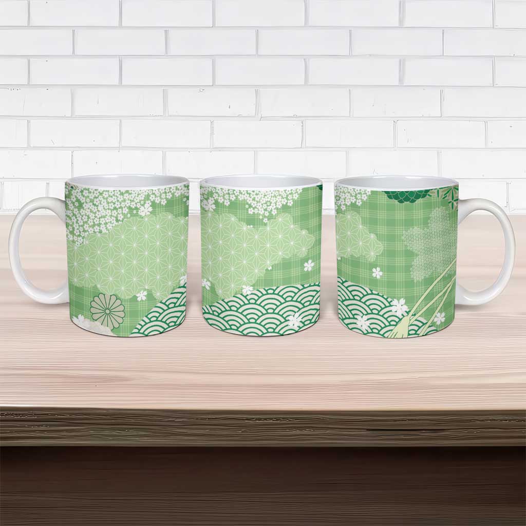 Green Palaka Japanese Patterns Ceramic Mug Asanoha Seigaiha Sakura Motif - Polynesian Pride